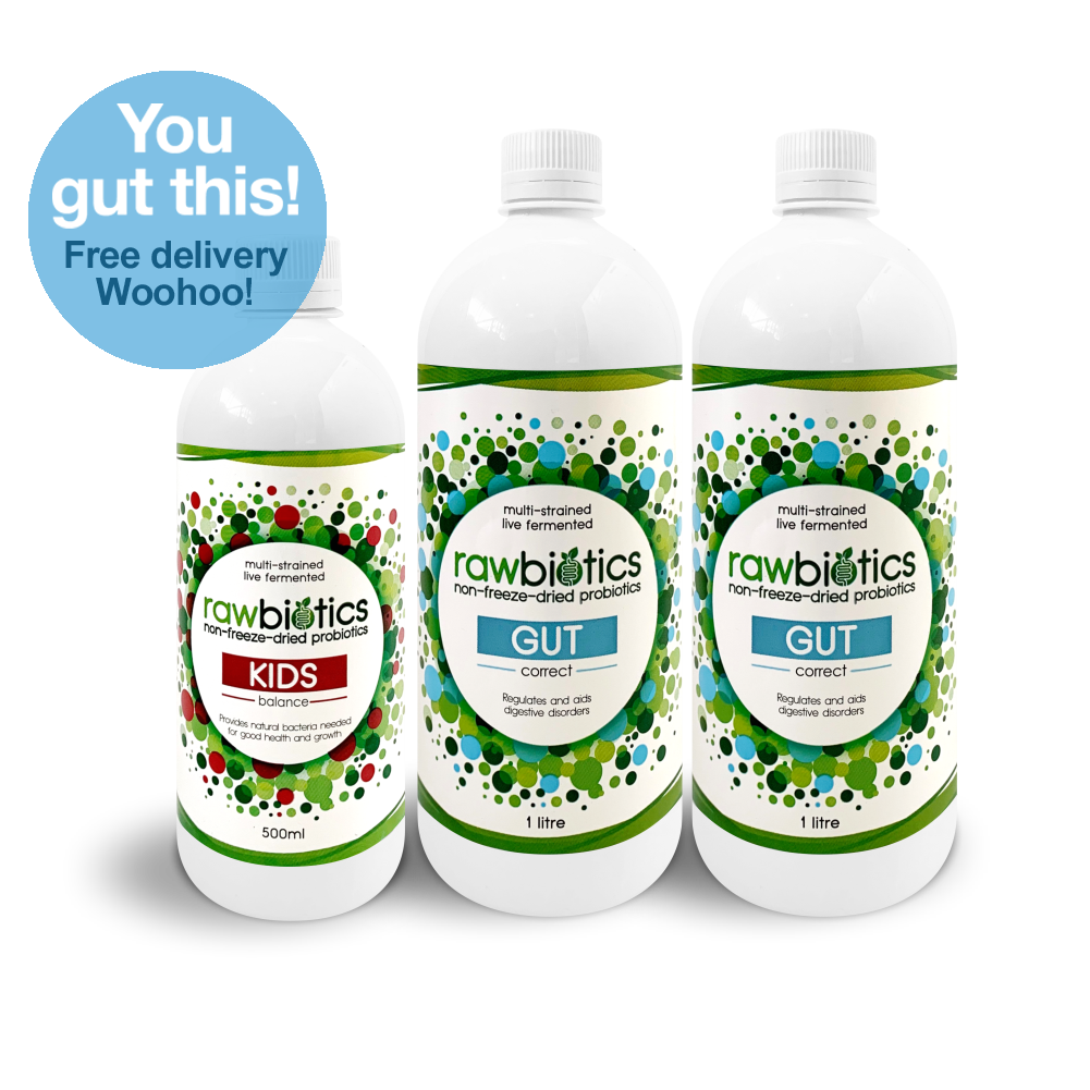 Family Gut Restore Pack : Rawbiotics Gut 1000ml x 2, Rawbiotics Kids 500ml x 1, Shot Glass x 2 & Usage Card