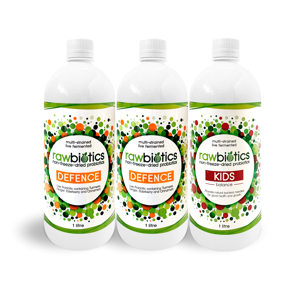 Family Defence Pack : Rawbiotics Defence 1000ml x 2, Rawbiotics Kids 1000ml x 1, Shot Glass x 2 & Usage Card