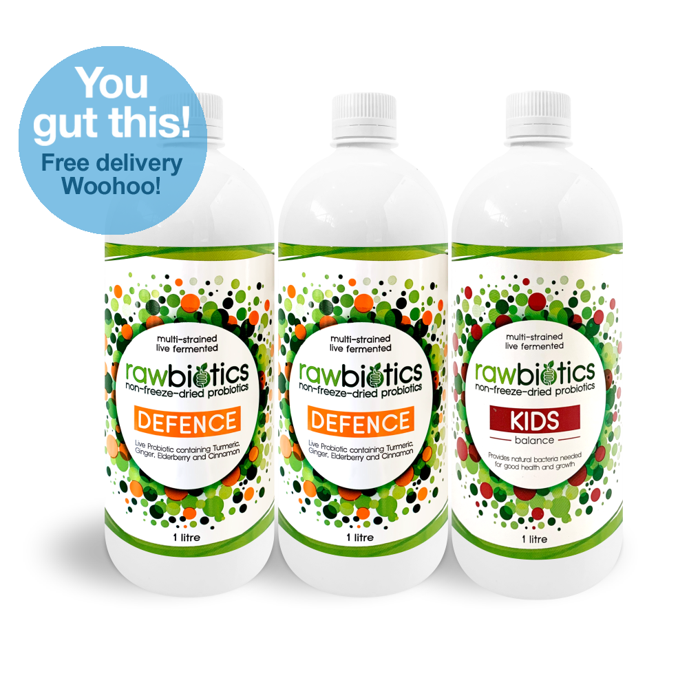 Family Defence Pack : Rawbiotics Defence 1000ml x 2, Rawbiotics Kids 1000ml x 1, Shot Glass x 2 & Usage Card