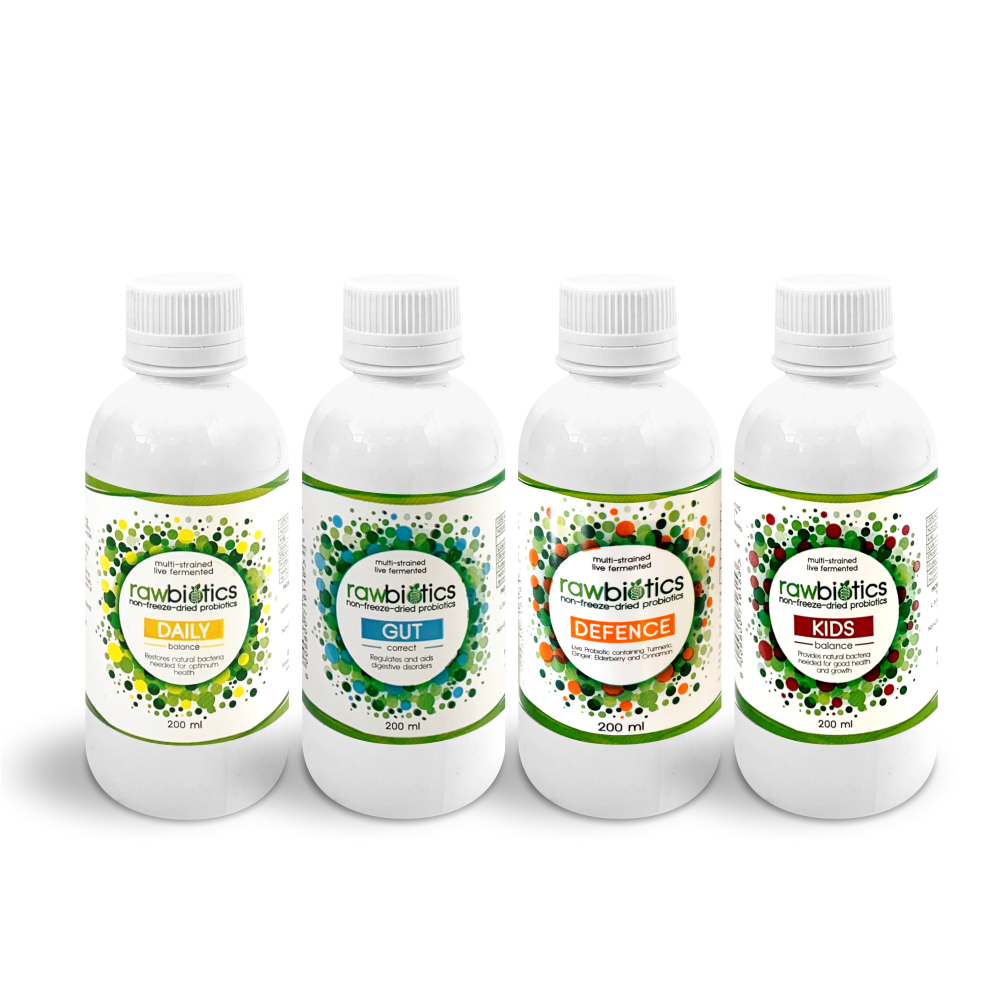 Travel Pack : Rawbiotics Daily 200ml x 1, Rawbiotics Gut 200ml x 1, Rawbiotics Defence 200ml x 1, Rawbiotics Kids 200ml x 1, Shot Glass & Usage Card
